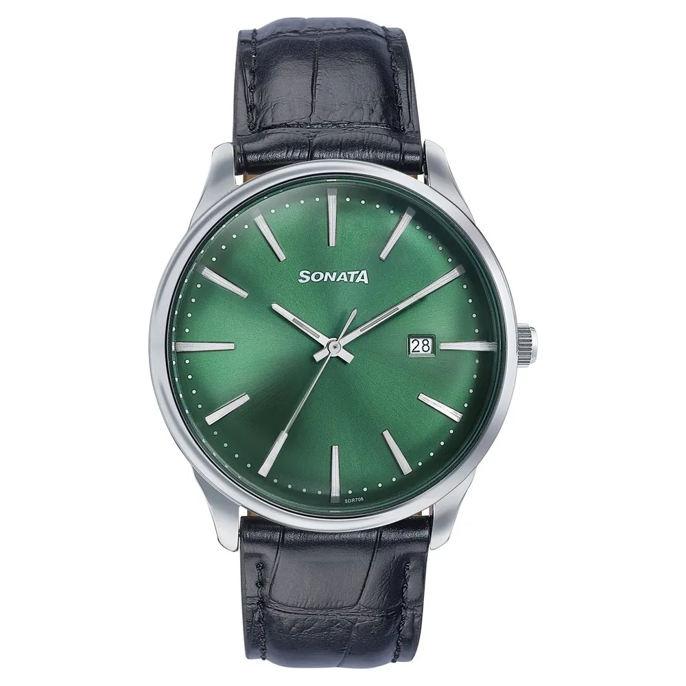 Sonata Green Round Dial Black Strap Watch For Gents - 77166SL01 - Image 3