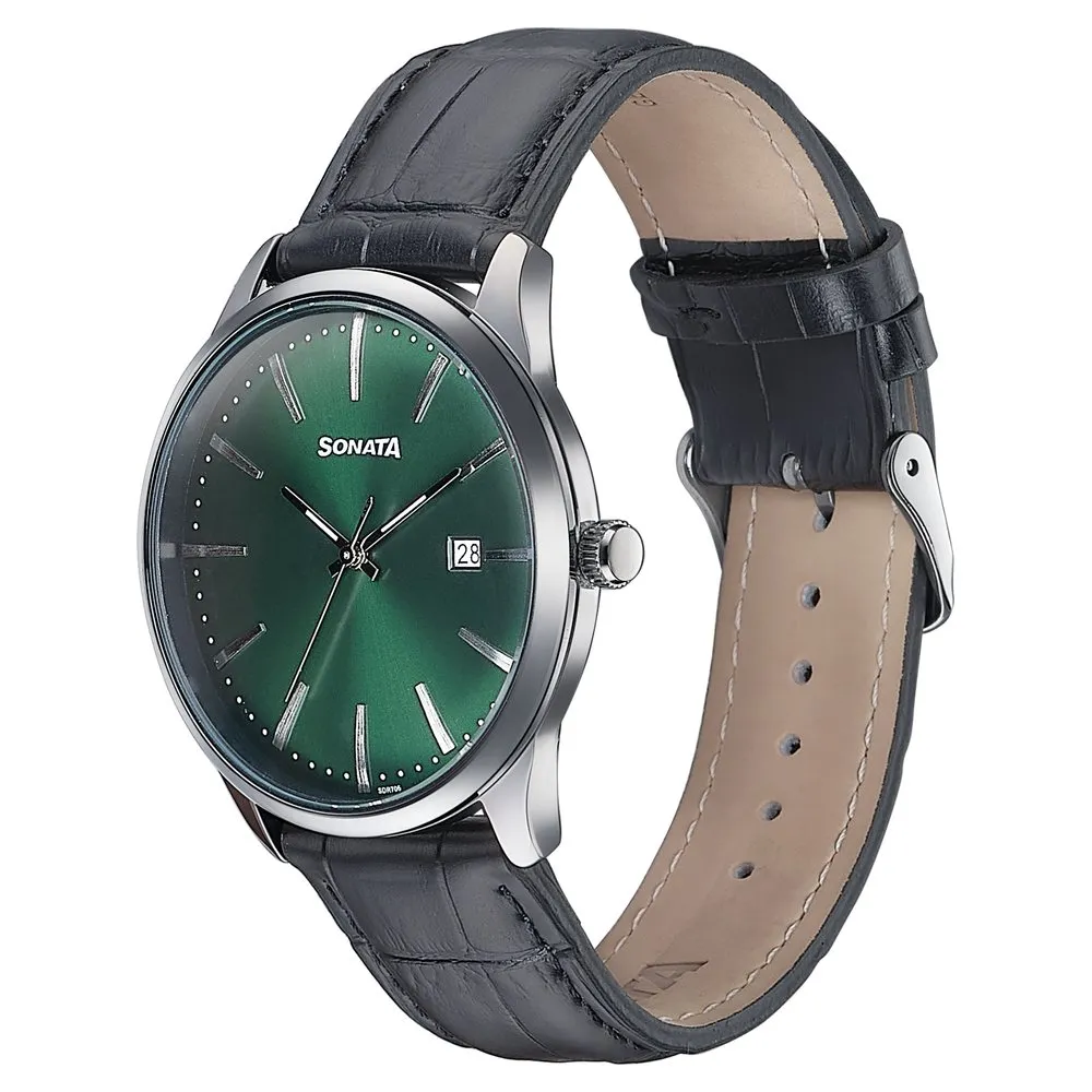 Sonata Green Round Dial Black Strap Watch For Gents - 77166SL01 - Image 2