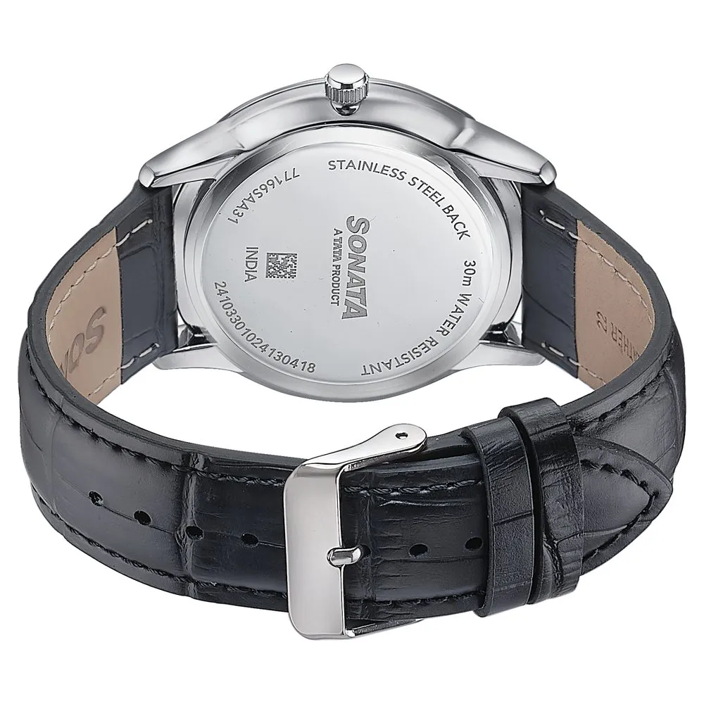 Sonata Quartz Analog with Date Silver Dial Black Leather Strap Watch For Men - 77142SL01 - Image 5