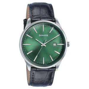 Sonata Green Round Dial Black Strap Watch For Gents - 77166SL01