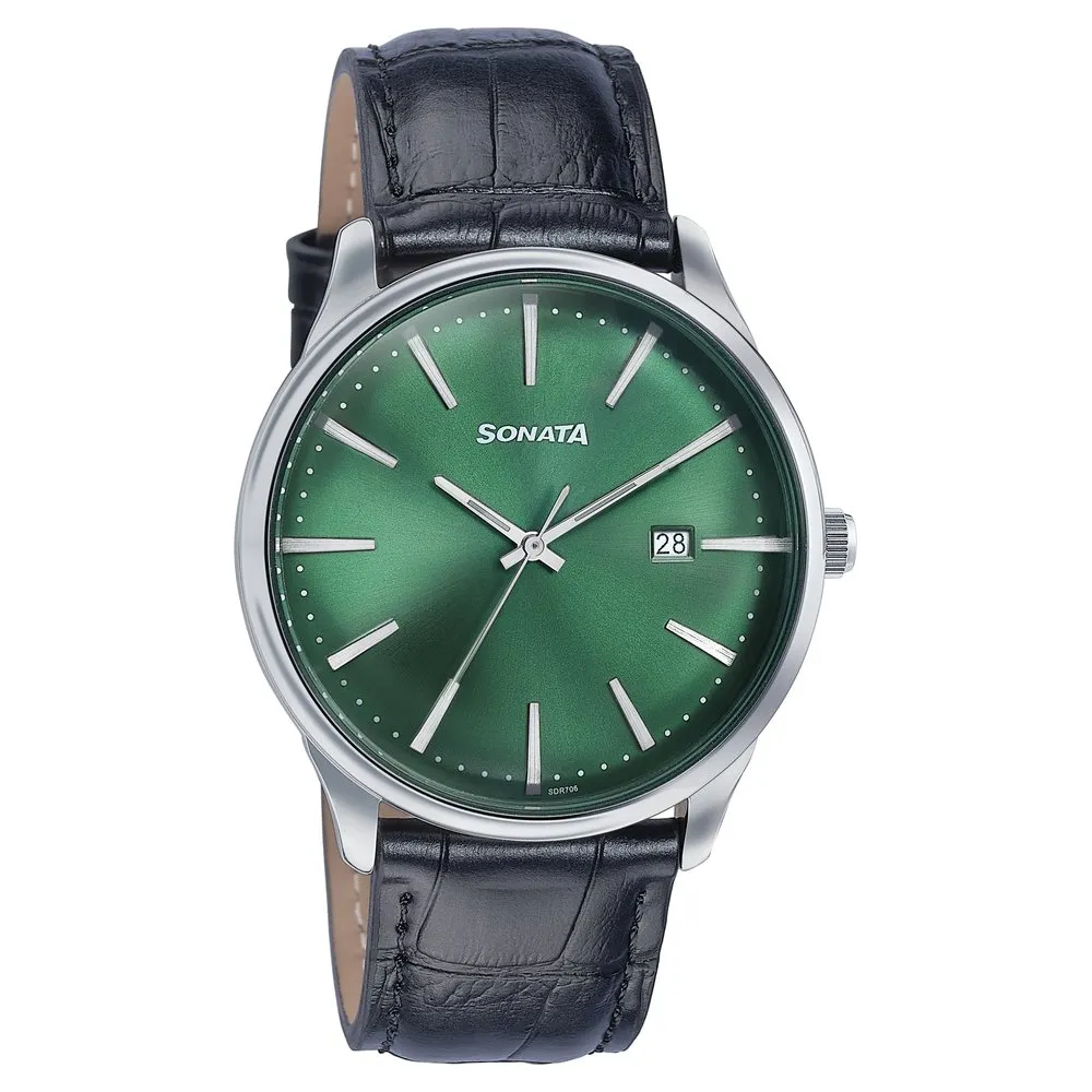 Sonata Green Round Dial Black Strap Watch For Gents - 77166SL01