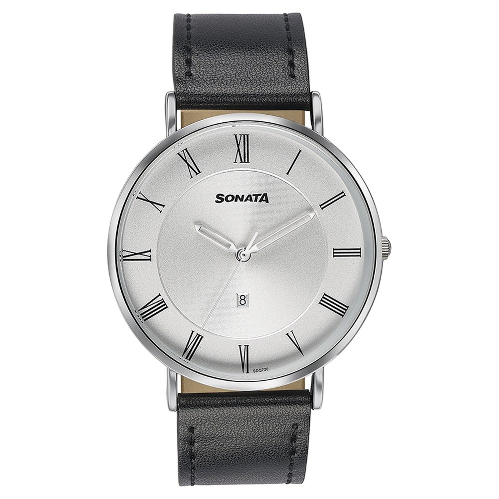 Sonata Quartz Analog with Date Silver Dial Black Leather Strap Watch For Men - 77142SL01