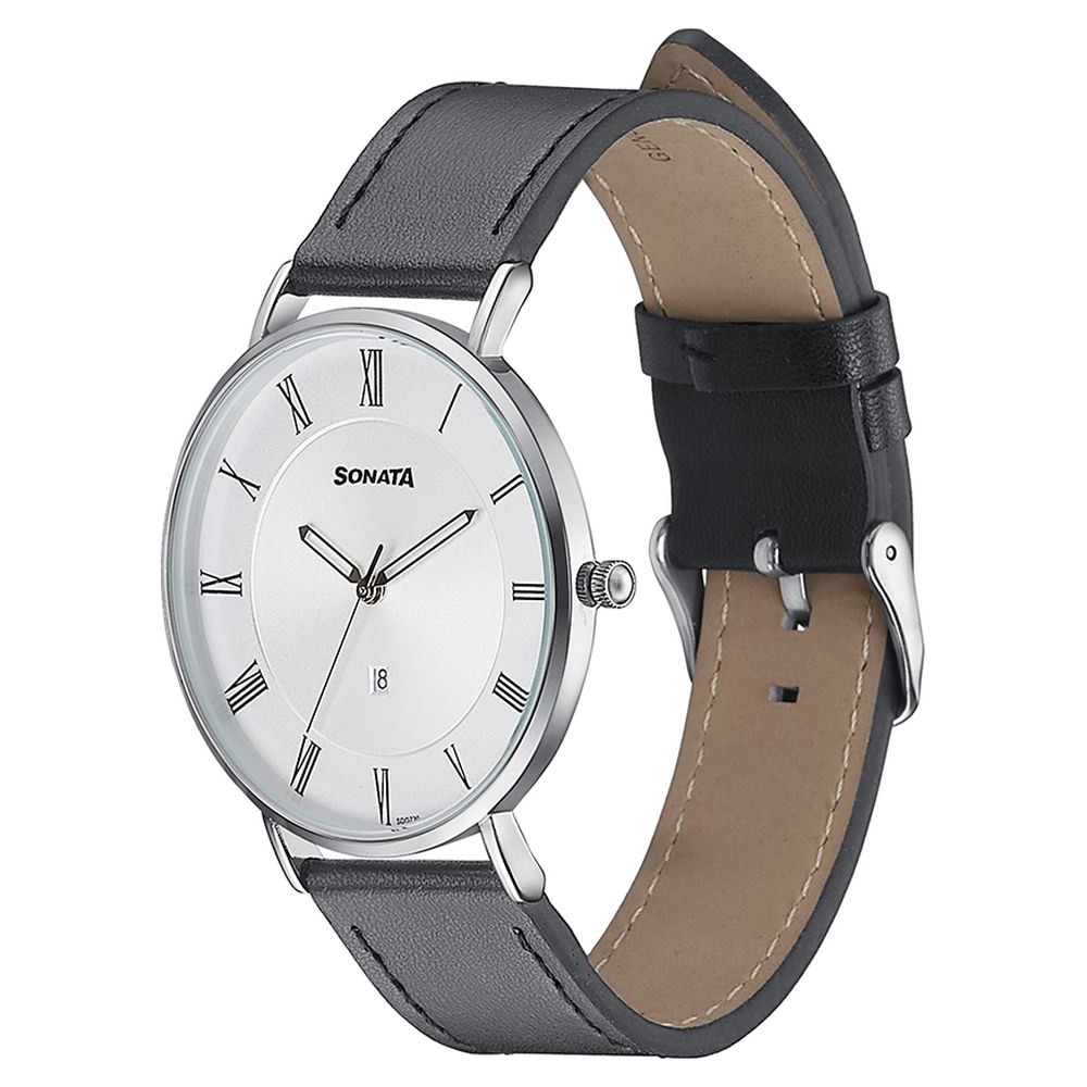 Sonata Quartz Analog with Date Silver Dial Black Leather Strap Watch For Men - 77142SL01 - Image 2