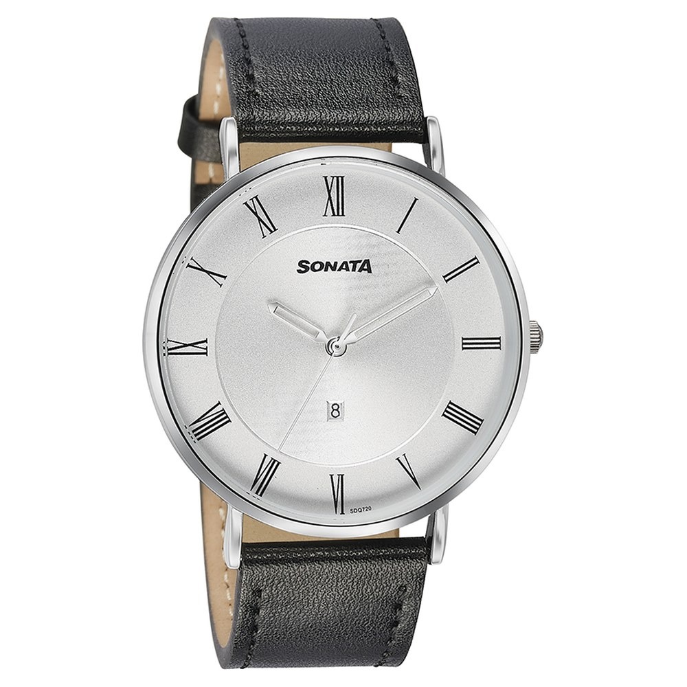 Sonata Quartz Analog with Date Silver Dial Black Leather Strap Watch For Men - 77142SL01 - Image 3