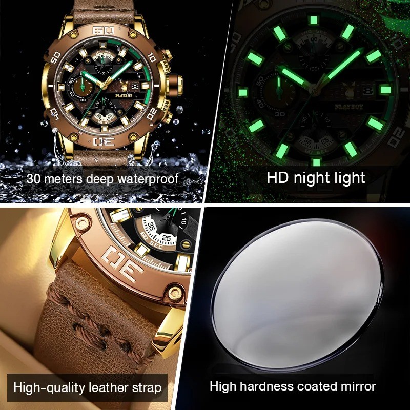 PLAYBOY 3520 Men's Luxury Quartz Watch Waterproof Luminous Silicone Strap - Image 3