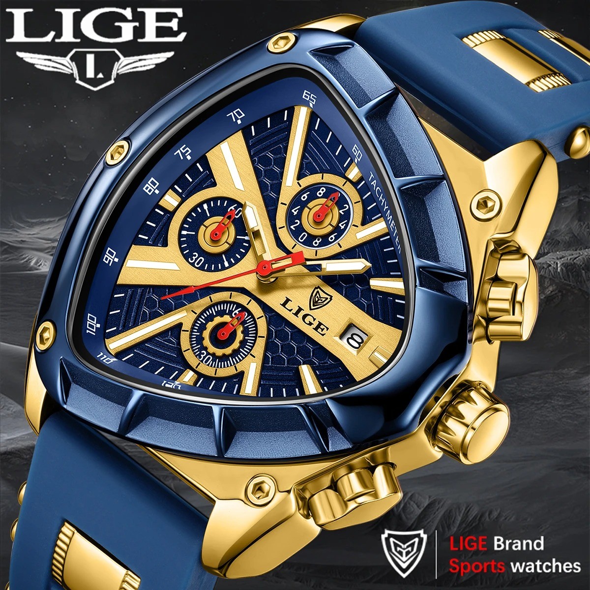 LIGE 89103 Blue Luxury Triangular Dial Chronograph Sports Silicone Wrist Watch for Men - Image 5