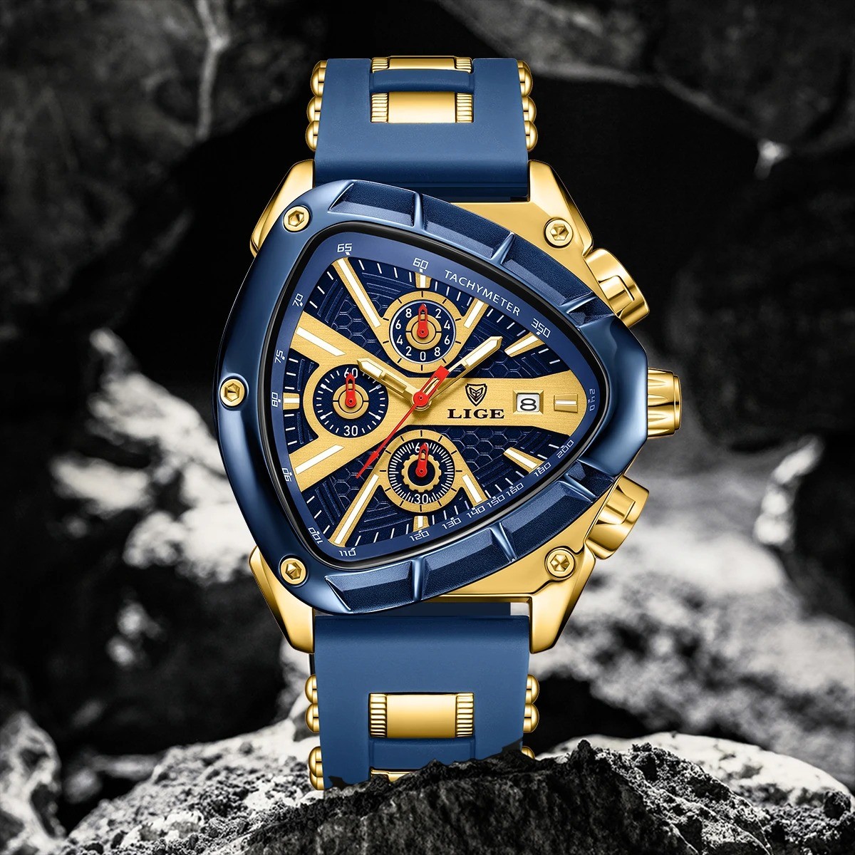 LIGE 89103 Blue Luxury Triangular Dial Chronograph Sports Silicone Wrist Watch for Men - Image 2