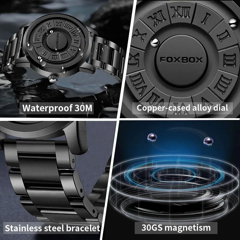 FOXBOX-Men's stainless steel waterproof quartz watch, creative band, scroll beads, magnetic force, watch, brand - Image 2